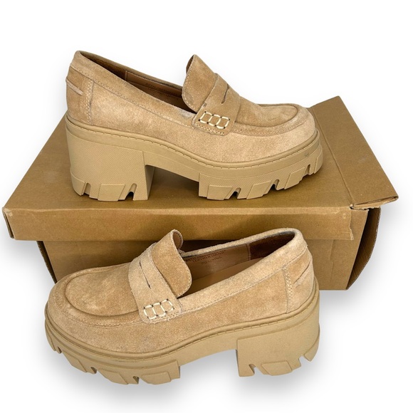 NWT Steve Madden Beth Penny Loafer in Sand Suede Chunky Lug Sole Slip On Tan NEW - Picture 1 of 7